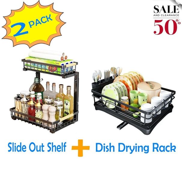 2 In Set Dish Drying Rack And Under Sink Organizer Rack, Large Dish Rack With Drainboard, 2 Tier Pull Out Cabinet Shelf For Kitchen Storage_voghion.com