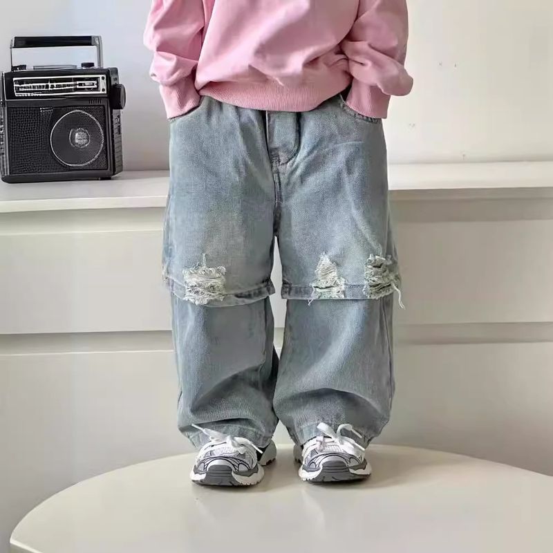 Vaqueros para niños primavera/verano 2024 con bordes de flecos con patchwork americano, elegantes pantalones vaqueros para niños y niñas._voghion.com