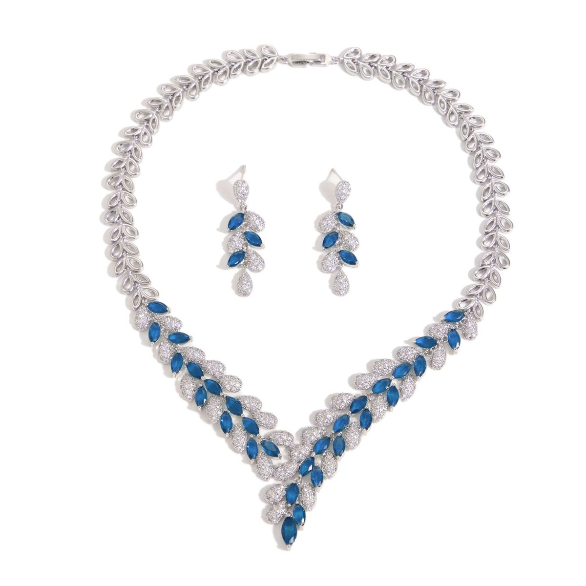 Damen Schmuckset Zweifarbige Weizenohr-Ohrringe Weibliches Set Smaragd Zirkon Ohrringe Hochzeitsschmuck Zweiteiliges Set_voghion.com