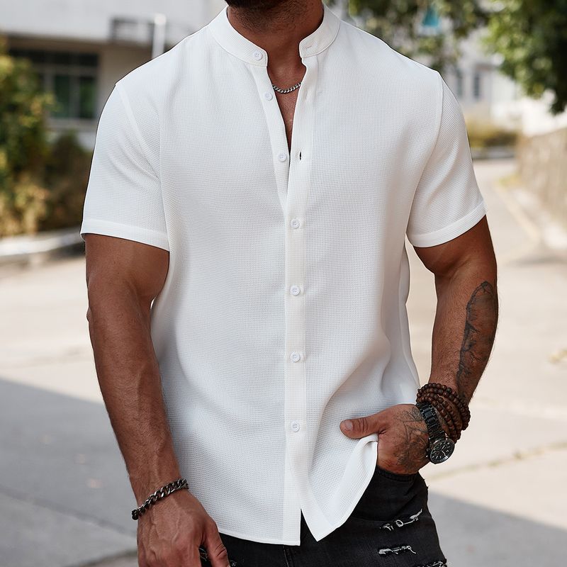 Men's Clothing Hot Sale Summer New Cardigan Stand Collar Short Sleeve Men's Shirt Casual All Match_voghion.com
