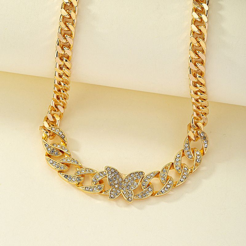Personality full diamond Cuban chain temperament exquisite butterfly fashion necklace_voghion.com