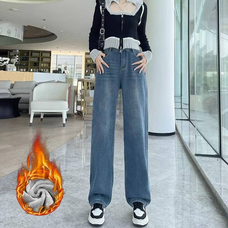 Damenbekleidung Plüsch Warm Gerade Jeans Dicke Hohe Taille Schmale Version Weite Beinhose_voghion.com