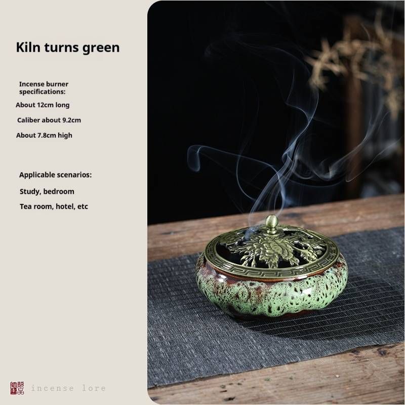 1 Large Kiln Ceramic Censer With Bronze Cover, Fireproof Mat And Mosquito Coil Stand Creative Home Decoration Ceramic Crafts_voghion.com