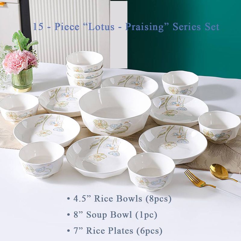 Lotus - Praising 15pc Diamond Bowl Set | 4.5" Bowls, 8" Soup & 7" Plates | Chinese Ceramic | Thickened & Heatproof For Home_voghion.com