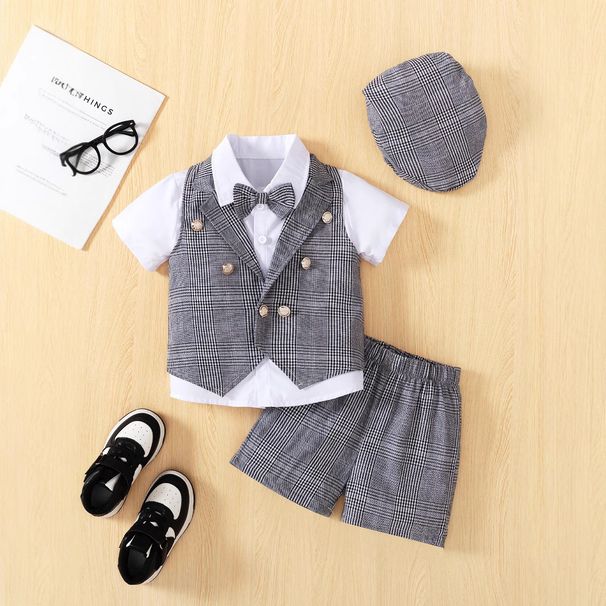 Mother & Kids Southeast Asian Summer Boy Suit Gray And White Checkered Vest Suit Three Piece Suit Handsome British Gentleman Children's Clothing_voghion.com