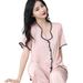 Nachtwäsche für Damen Seidenpyjama, kurzärmeliger Hosenanzug, große Größe, locker, einfarbig, mit Rüschen, lässige Heimkleidung_voghion.com