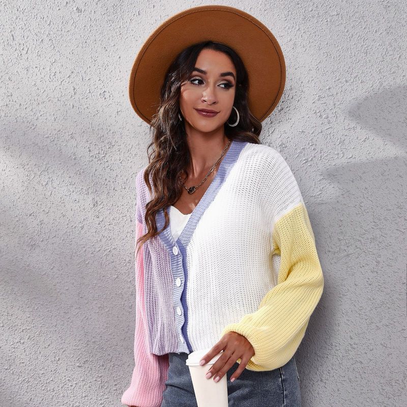 INS High Like Contrast Knitted Cardigan Contrast Lantern Sleeves Short Sweater Women's Loose Fit_voghion.com