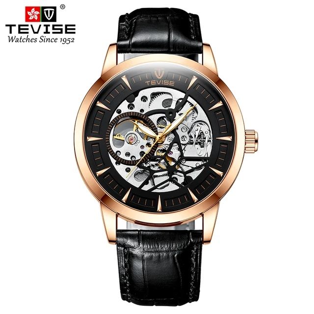 TEVISE T874A 874A Leder Auer Edelstol Réck Case Waasserdicht Ingenious Hollow Design Männer Automatesch mechanesch Uhren_voghion.com