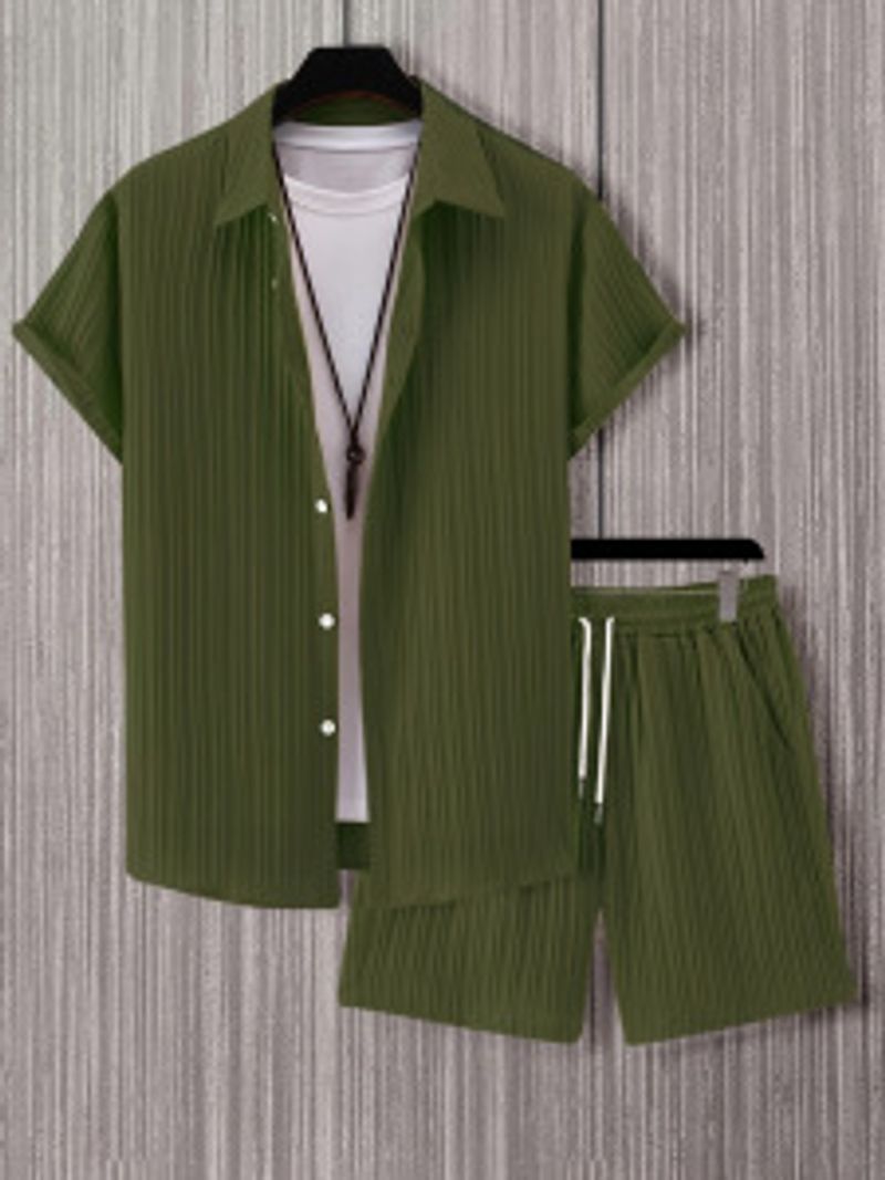 Ropa para hombre, chaqueta holgada de manga corta con botones, pantalones cortos de color liso, traje informal de verano, ropa deportiva de dos piezas para hombre_voghion.com