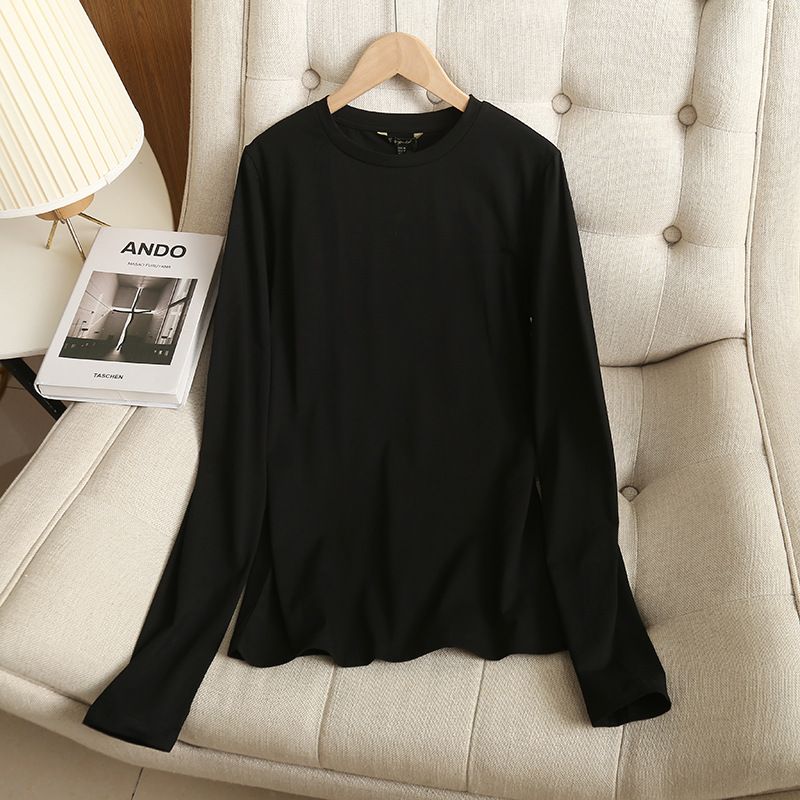 Kadın yuvarlak yakalı uzun kollu temel slim fit versiyonu elastik tişört üst parmak deliği tişört_voghion.com