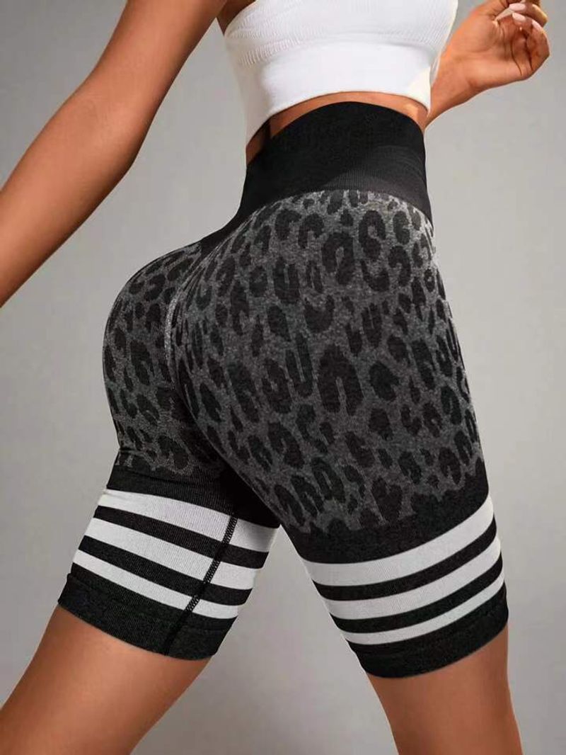 Women's Clothing Spot Seamless Leopard Print Yoga Fitness Shorts Women's High Waist Tummy Peach Hip Striped Yoga Sports Shorts_voghion.com