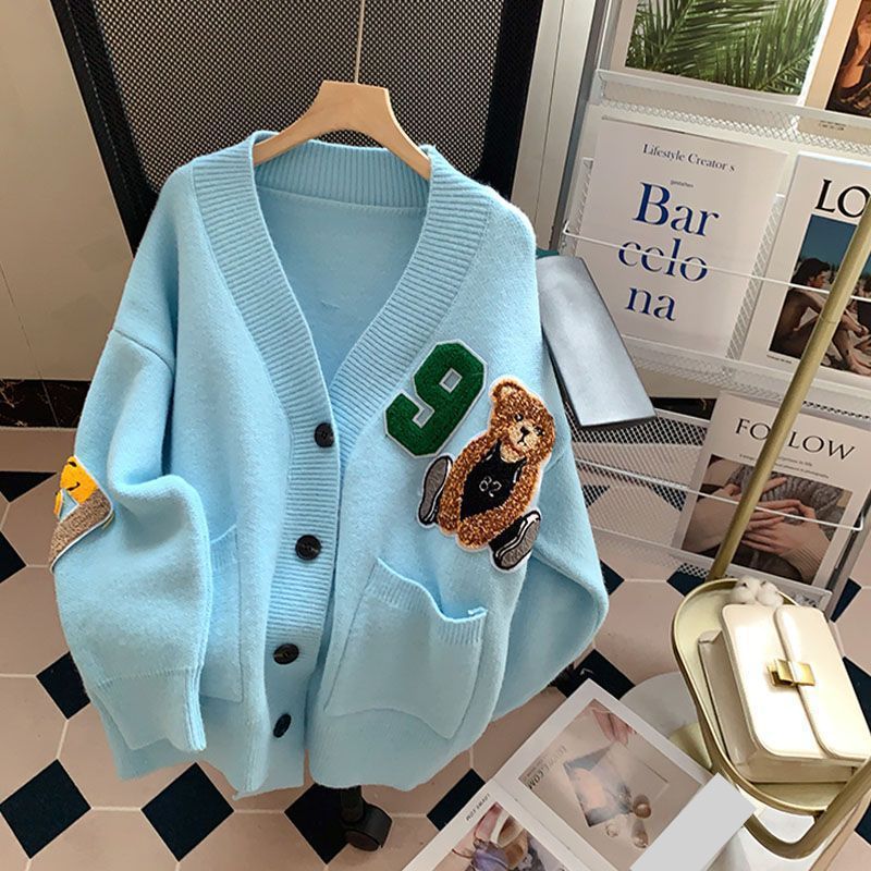 Women's Clothing cartoon bear sweater jacket women 2024 autumn and winter new version lazy style loose versatile knitted cardigan_voghion.com
