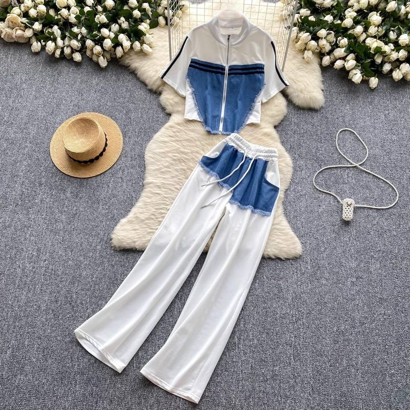 Ensemble en denim patchwork vieilli pour femme, chemise zippée à manches courtes avec col montant + pantalon large taille haute_voghion.com