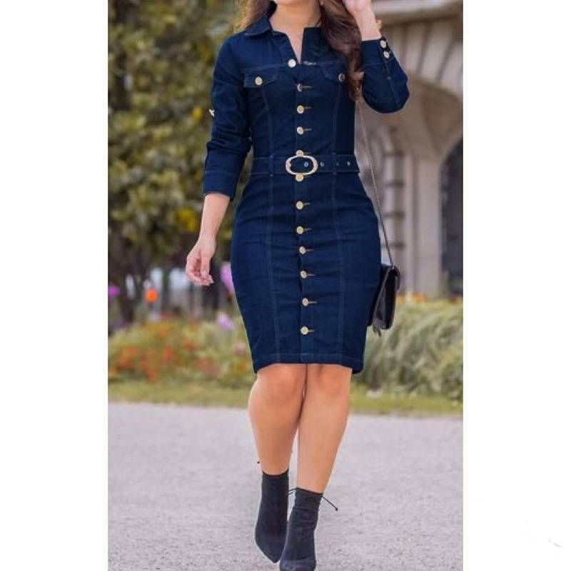 Stil de îmbrăcăminte pentru femei, modă sexy, cu decorațiuni cu mai mulți nasturi, rever, rochie de denim, lungă, subțire, cu mâneci lungi_voghion.com