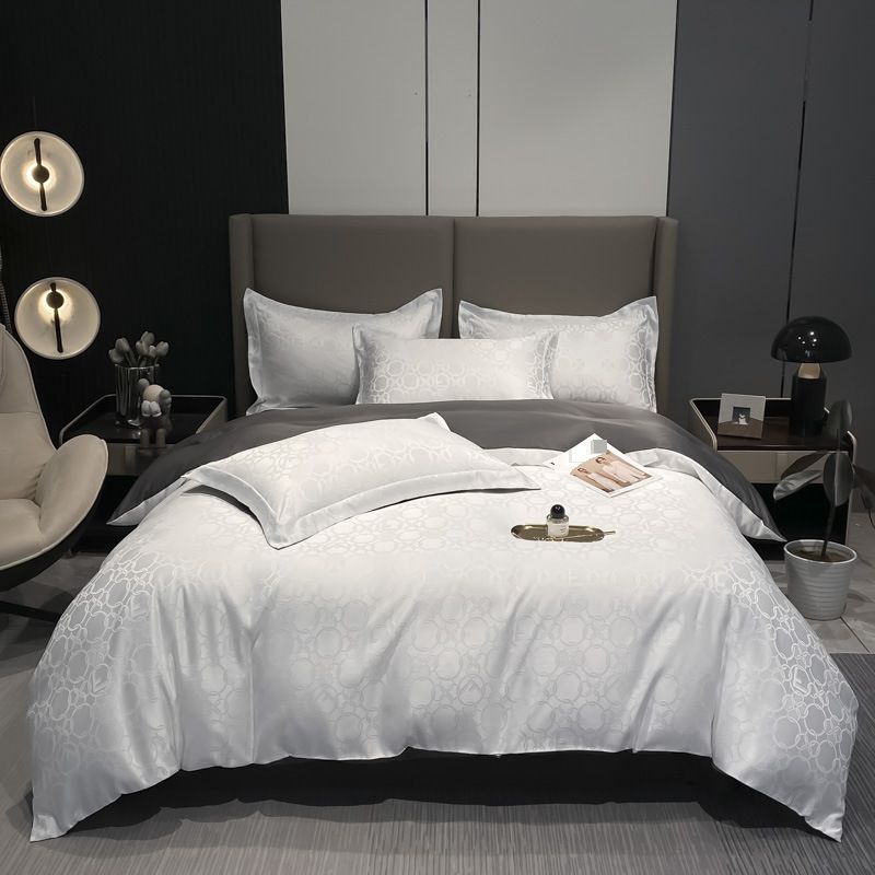 Parure de lit double face en soie glacée lavée - Housse de couette et drap-housse jacquard ultra-doux et respirant, doux pour la peau, pour un sommeil nu, taille King/Queen_voghion.com