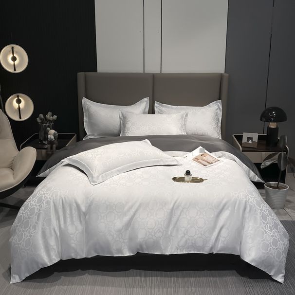 Parure de lit double face en soie glacée lavée - Housse de couette et drap-housse jacquard ultra-doux et respirant, doux pour la peau, pour un sommeil nu, taille King/Queen_voghion.com