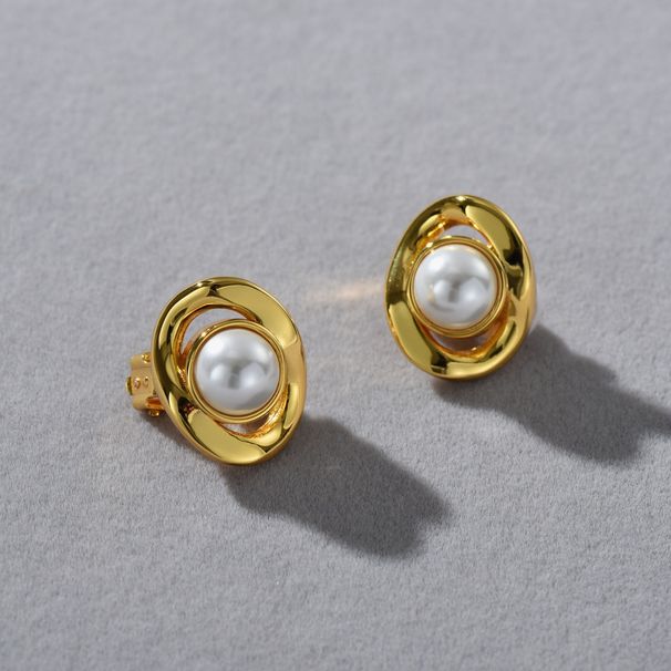 Women's Jewelry - Elegant Brass Irregular Hollow Pearl Earrings With 18K Gold Plating, Minimalist Clip-On Design Everyday Wear Pearl Simple Ear Clip_voghion.com