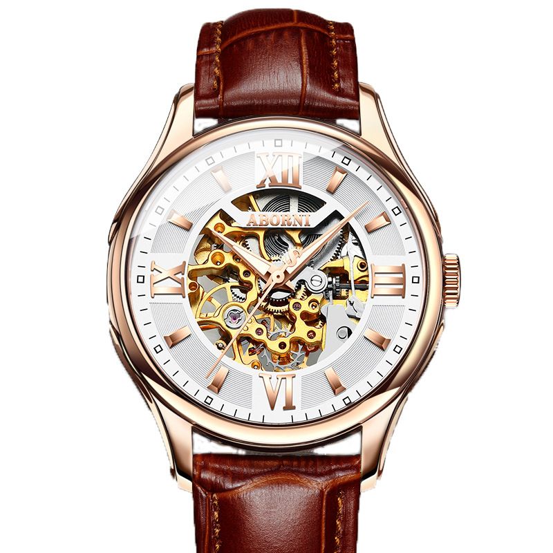 Men's Automatic Skeleton Watch With Leather Strap, Waterproof & Luminous, Dual-Sided Openwork Design, Fashionable Mechanical Timepiece_voghion.com