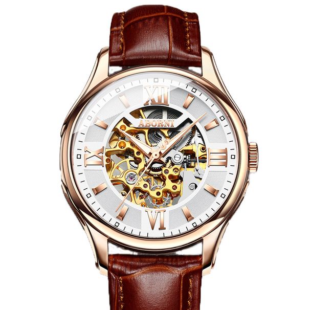 Men's Automatic Skeleton Watch With Leather Strap, Waterproof & Luminous, Dual-Sided Openwork Design, Fashionable Mechanical Timepiece_voghion.com