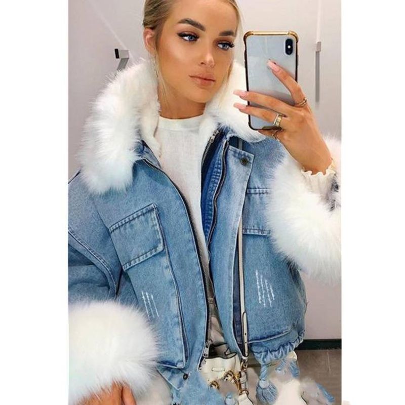 Women's Clothing fashion denim jacket women's loose fur collar short coat temperament lapel denim bottoming top trendy_voghion.com