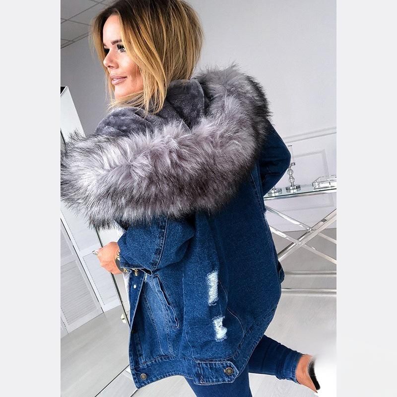 Women's Clothing Vintage Distressed Denim Coat With Faux Fur Hood - Stylish Longline Jacket For Women, Retro Washed Casual Outerwear (Grey/Black)_voghion.com