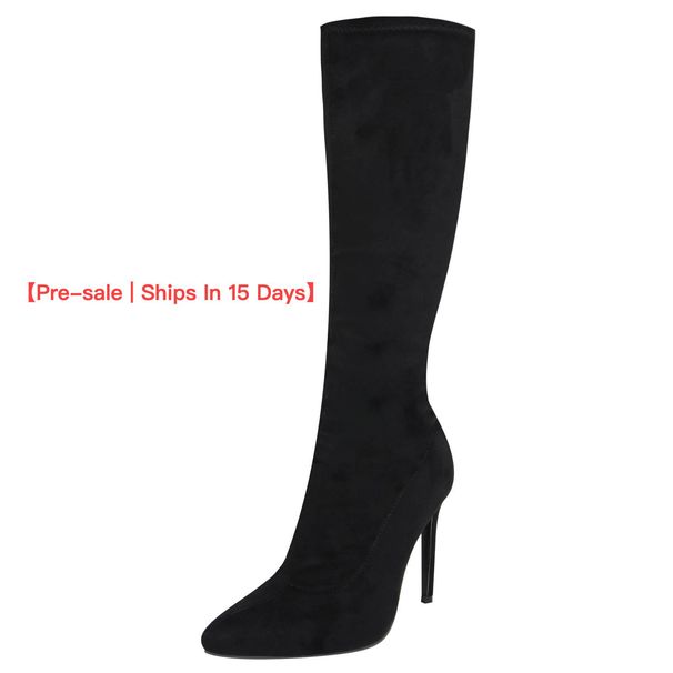 【Pre-sale | Ships In 15 Days】high Elastic Leather Boots With Pointed Side Zipper Suede Stiletto Mid-calf Boots Plus Size 43_voghion.com