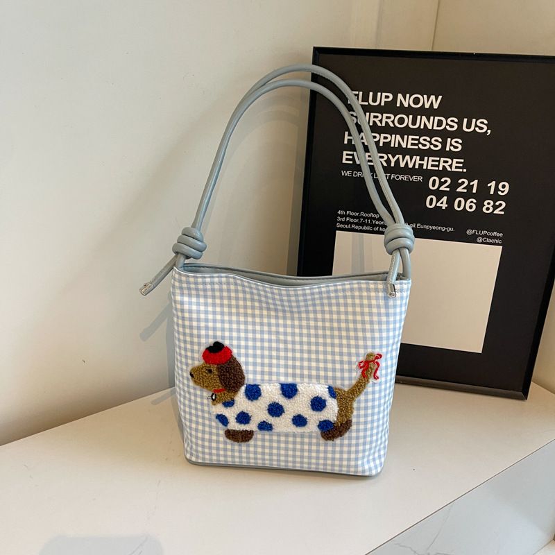 Borsa a tracolla a quadri alla moda e versatile in tela a forma di cucciolo, borsa a mano con cartone animato di nicchia coreano_voghion.com