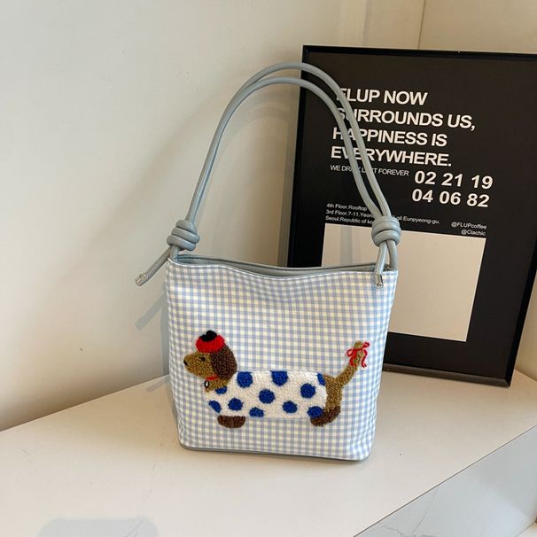 Borsa a tracolla a quadri alla moda e versatile in tela a forma di cucciolo, borsa a mano con cartone animato di nicchia coreano_voghion.com