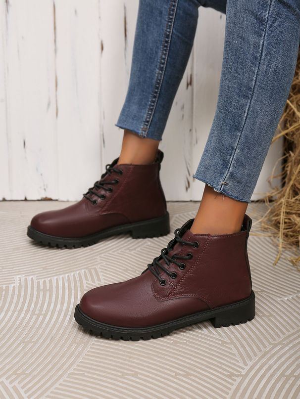 Damenschuhe Große kurze Stiefel für Damen Herbst und Winter Neue runde Zehenpartie Schnürstiefel mit mittlerem Absatz und dickem Absatz Martin-Stiefel_voghion.com