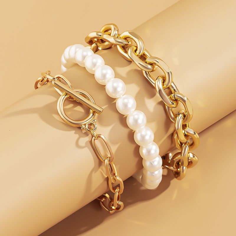 Fashion Baroque Pearl Beaded Bracelet Elegant Metal Chain Jewelry Set_voghion.com