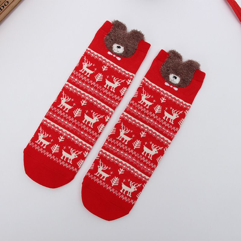Christmas socks bright red socks cartoon striped women's socks three-dimensional ear socks_voghion.com
