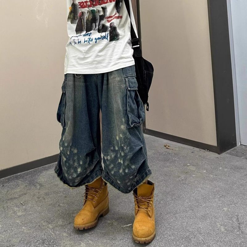 Herrenbekleidung Washed New Ink Splash Multi Pocket Workwear Jeans Gerade, lockere, kurze Hose mit weitem Bein_voghion.com