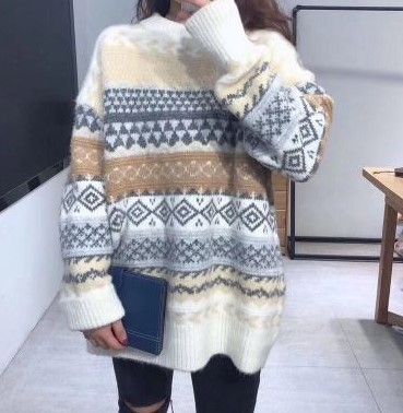 ​​Vintage Rundhalspullover Damen Strickpullover Loose Fit Langarm Casual Top - Weiß, Khaki, Dunkelgrau (Einheitsgröße)​_voghion.com