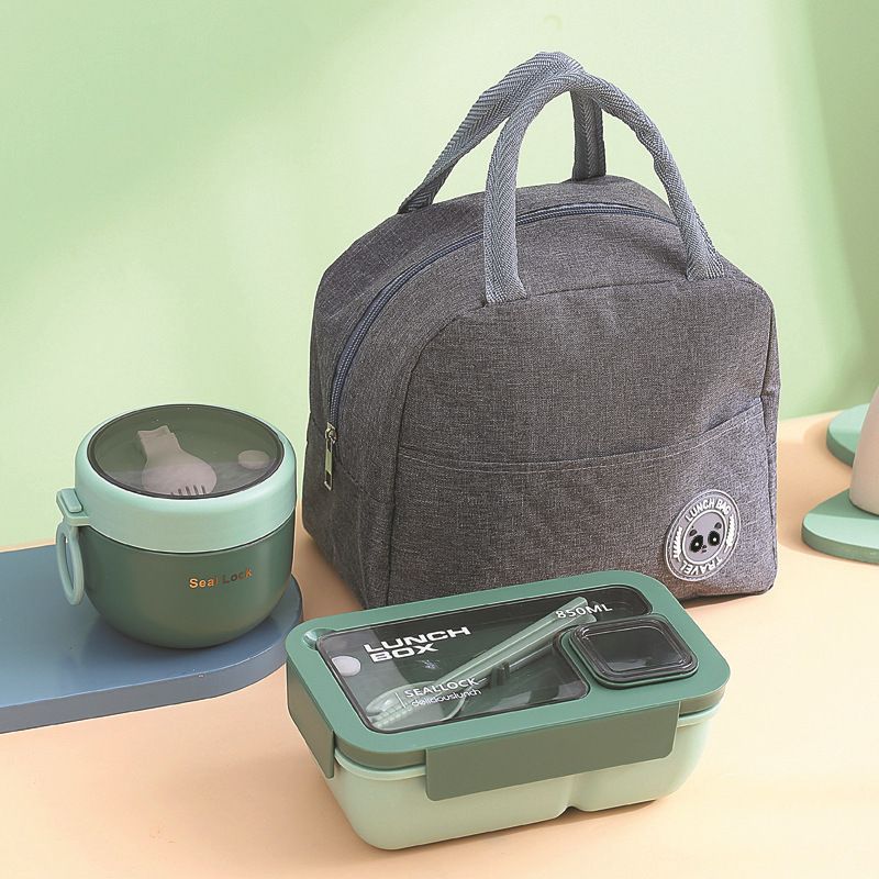3-teilige Lunchbox, tragbare und auslaufsichere Aufbewahrungsbox mit Deckel und Thermotasche, große, einfache Aufbewahrungstasche für Lebensmittel, für den Schulanfang_voghion.com
