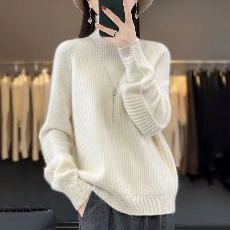 Autumn and winter new counter quality high neck thick knit loose slimming pullover top knitted base sweater_voghion.com