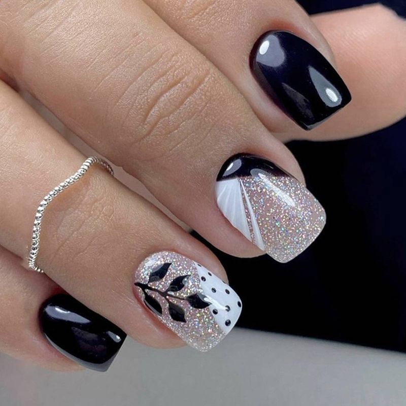 24pcs Short Square Black Leaf French Color blocked Fashion Sweet Cool Wear Nail Rubbing Strip&Jelly Glue_voghion.com