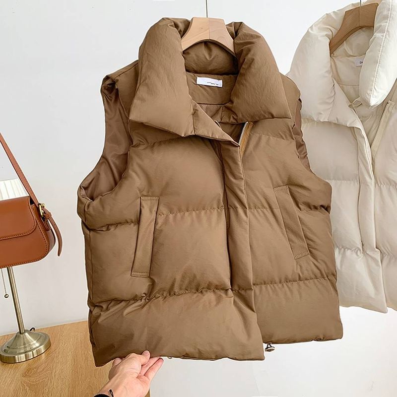 Down women's 2024 autumn and winter new Korean version loose shoulder stand up collar solid color cotton vest jacket_voghion.com