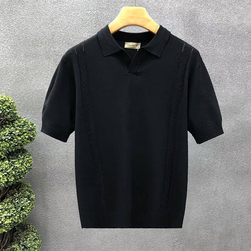 Men's Clothing New V Neck Polo Shirt Men's Design Knitted Sweater Short Sleeved T Shirt Loose Lapel Solid Color Spring And Summer Trend_voghion.com