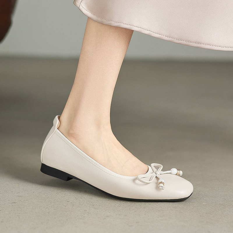 【Full Leather Inside And Out, Soft Sole And Soft Upper】Cameido 2025 Autumn Pearlized Lamb Leather Bow Flat Single Shoes_voghion.com