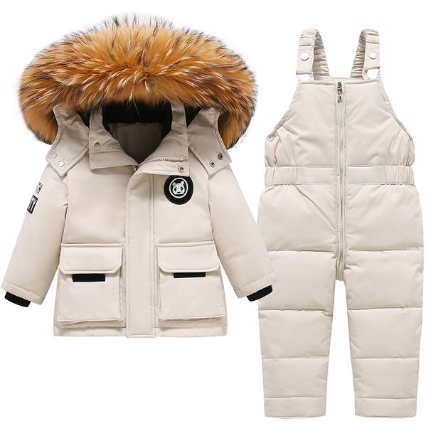 Conjunto de invierno premium para niños: chaqueta y pantalón acolchados con capucha desmontable, ribete de piel sintética ecológica y relleno de plumón de pato blanco al 90% ultracálido._voghion.com