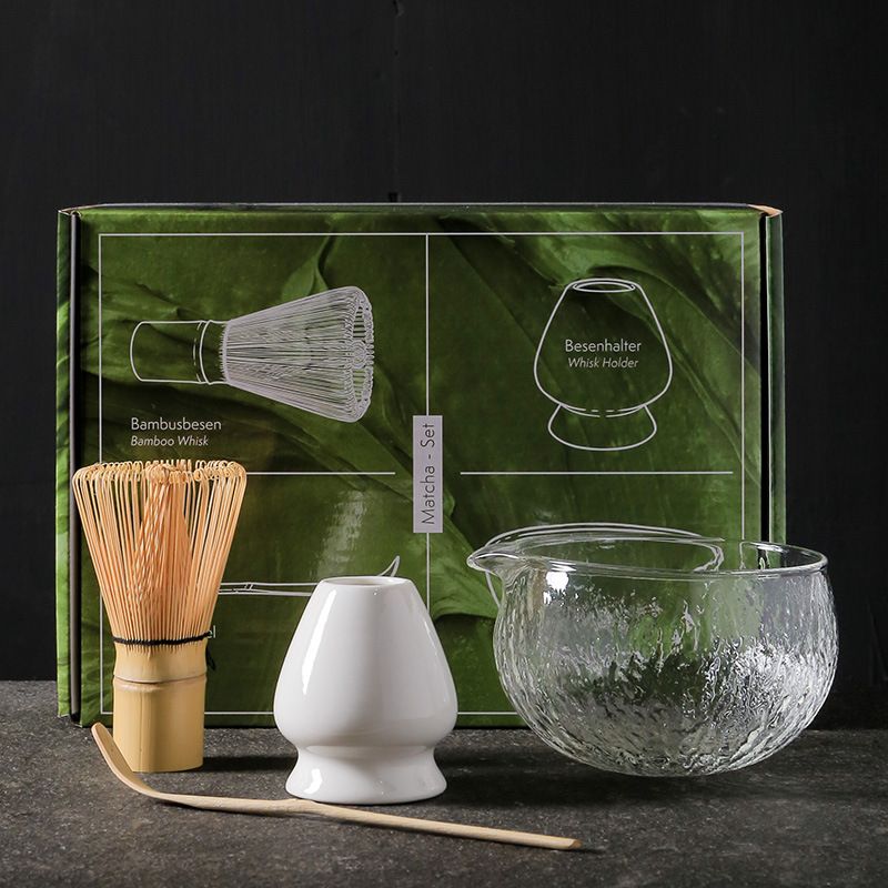 Tè in vetro con scatola colorata, frusta, ciotola, supporto, cucchiaio per matcha, set completo di utensili_voghion.com