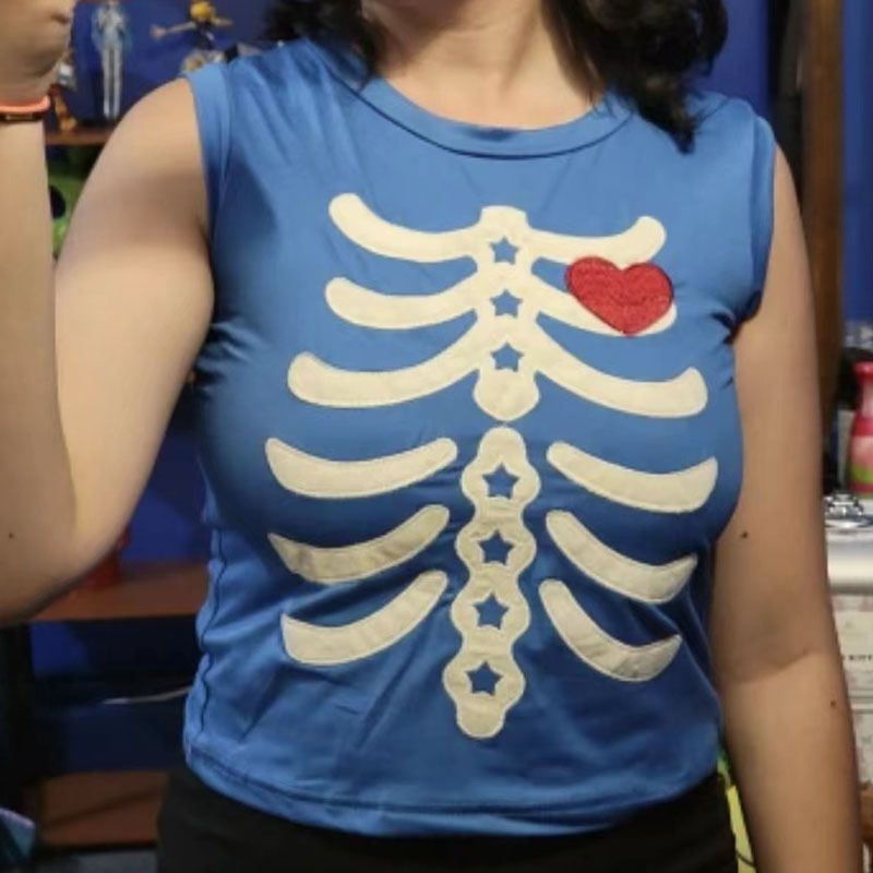 Ärmelloses, kleines Schlingenshirt mit Skelett-Stickerei-Patch für Herren und Damen, modisches BF-Style-T-Shirt für den Freizeitsport_voghion.com