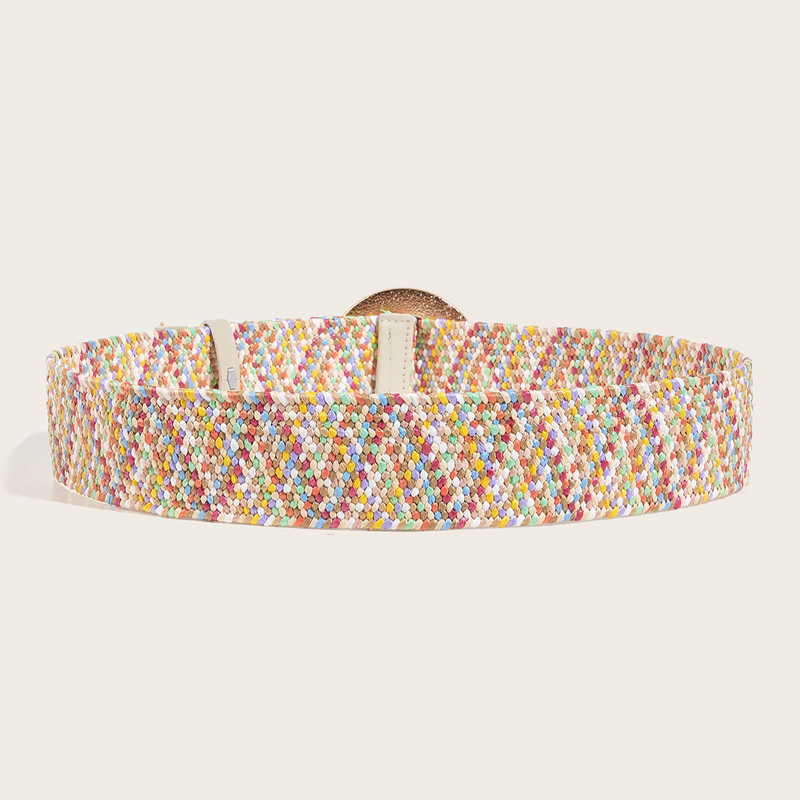 Women Braided Belts Summer Belt With Candy Color Round Buckle Colorful Pp Grass Elastic Belt_voghion.com