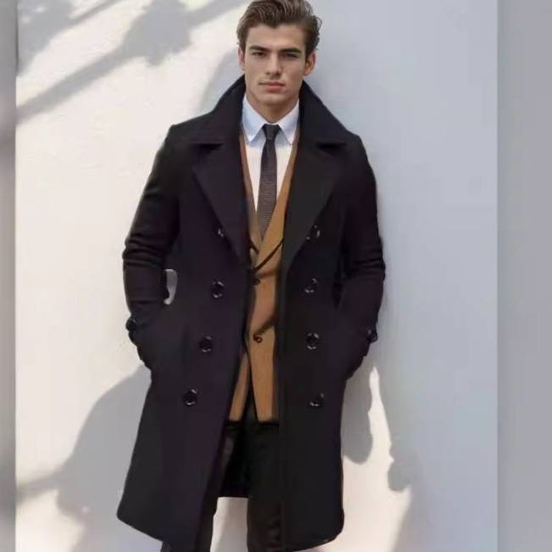 Casaco de lã masculino trespassado, de comprimento médio e grosso, para outono e inverno, sobretudo ajustado_voghion.com