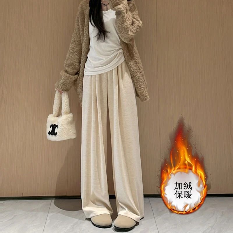 girl Plus Size Loose Lazy Style Draped Straight Casual For Women Winter High Waist Slimming Fleece Lined Wide Leg Glutinous_voghion.com