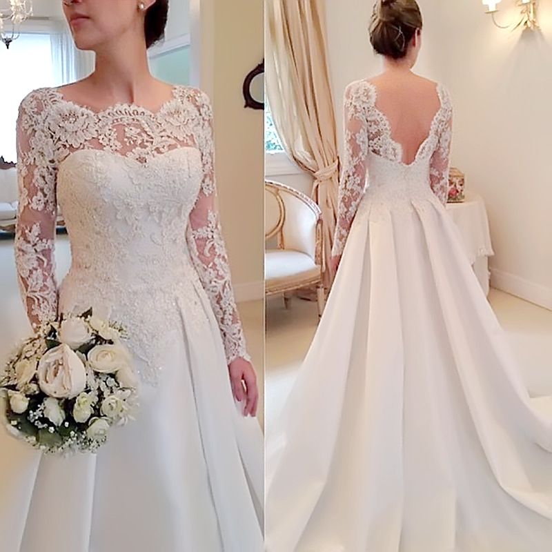 Women's New One Shoulder Long Sleeve Lace Floral Slim Fit A-Line Sexy Backless Trailing Satin Wedding Dress_voghion.com