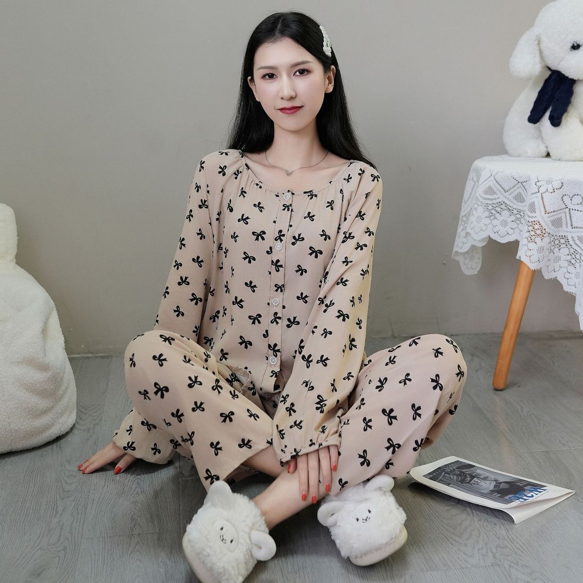 Damen-Nachtwäsche, Pyjama aus Baumwolle und Seide, große Größe, langärmelige Hose, Strickjacke_voghion.com