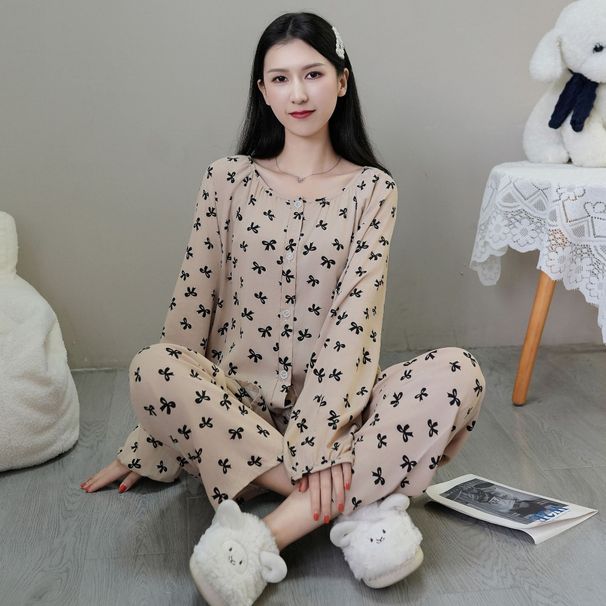 Damen-Nachtwäsche, Pyjama aus Baumwolle und Seide, große Größe, langärmelige Hose, Strickjacke_voghion.com