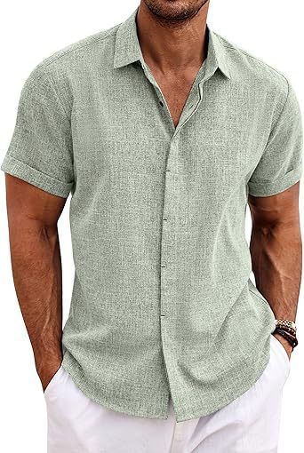 Herrenbekleidung Herren Leinenhemd Kurzarm Freizeithemd Button-Down-Hemd Herren Strand Sommer_voghion.com