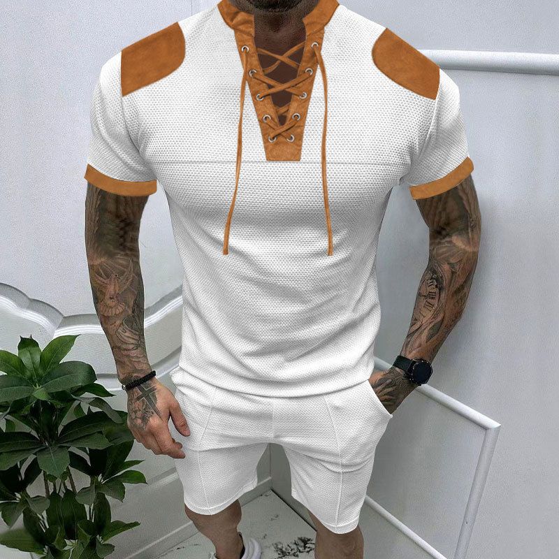 Sommer kortermet Henley-skjorte for menn, V-hals stropp-t-skjorte i fargematchende sett_voghion.com